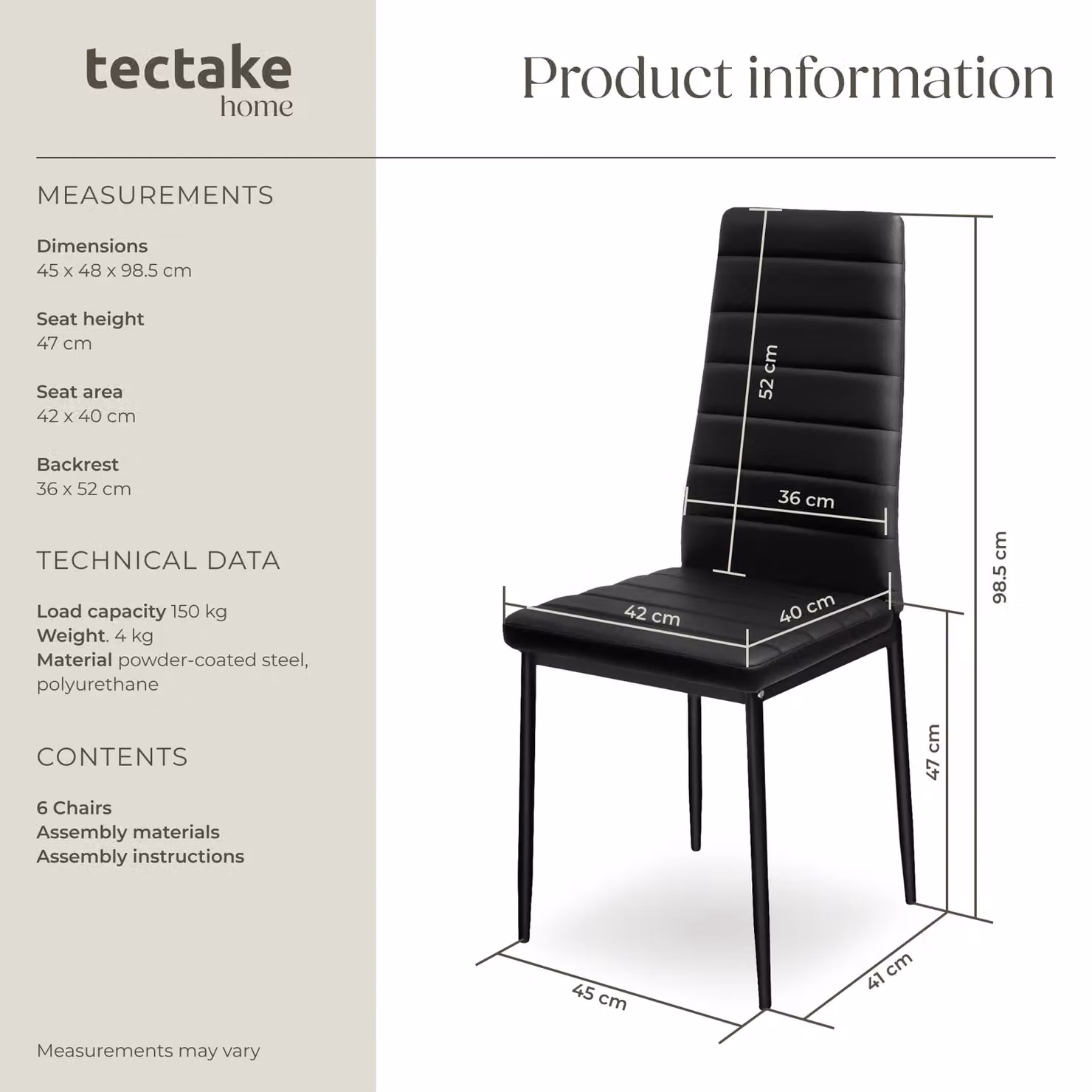 tectake Thomas Set of 6 Modern Dining Chairs in Black Synthetic Leather – 6