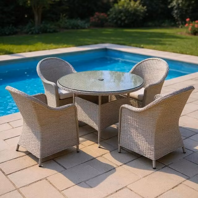Shatchi Modern Sorrento 4 Seater Rattan Round Garden Dining Table in Beige