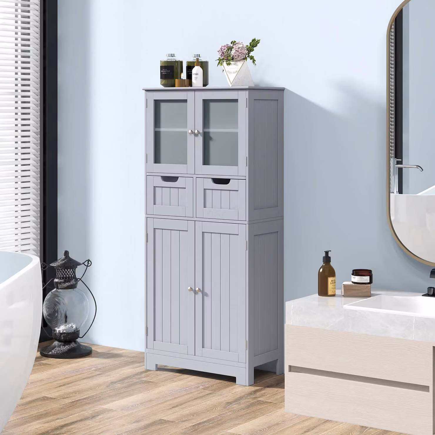 Gymax Tall Grey Bathroom Cabinet with Double Hinged Doors and 2 Drawers – 4