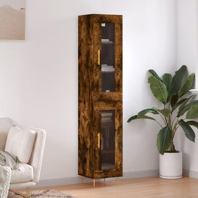 Berkfield Home Highboard in Smoked Oak Brown with Glass Doors, W: 34.5 cm, D: 34 cm, H: 180 cm