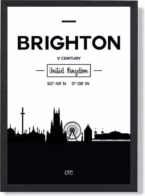 ARTZE Brighton Black and White City Skyline Framed Print, A2 Size