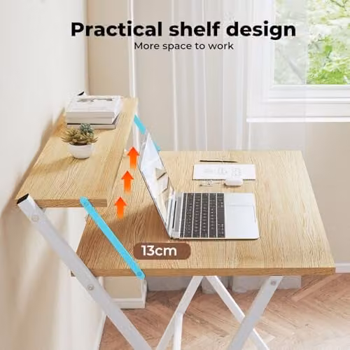 Levede Folding Oak Computer Desk with Monitor Shelf, W/D/H: 69.5 x 67.5 x 45 cm – 2