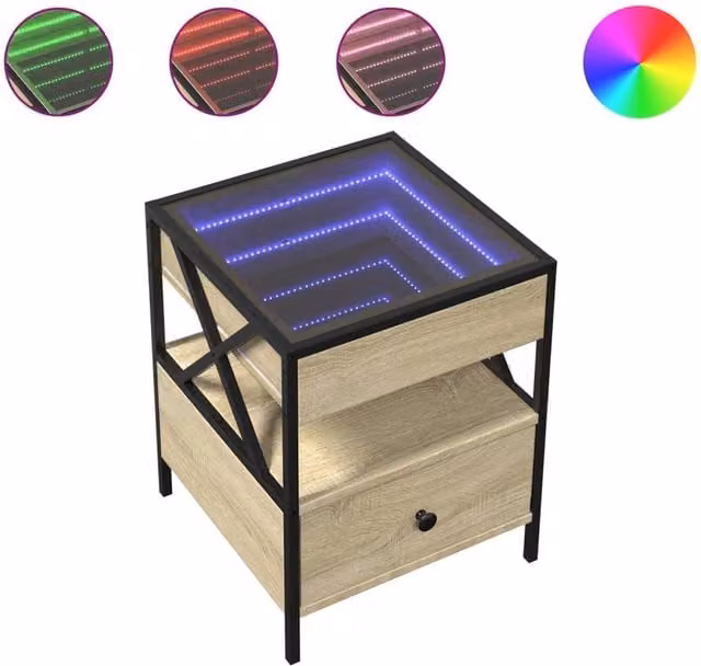 Berkfield Home Infinity LED Bedside Table in Sonoma Oak and Brown with Mirror Top, W/D/H: 40 x 40 x 51 cm