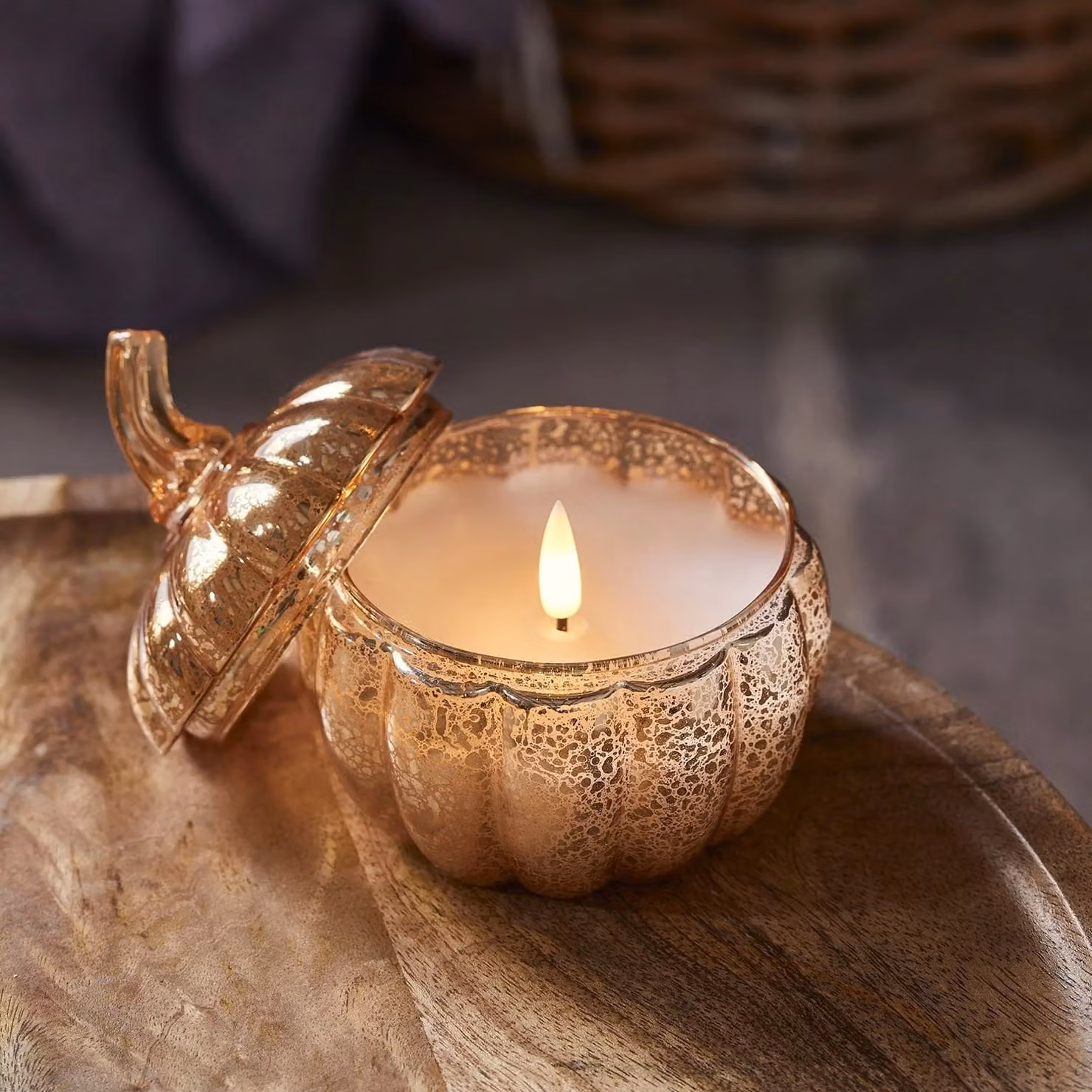 TruGlow Gold Glass Pumpkin Jar with Remote Controlled Flicker Effect Candle