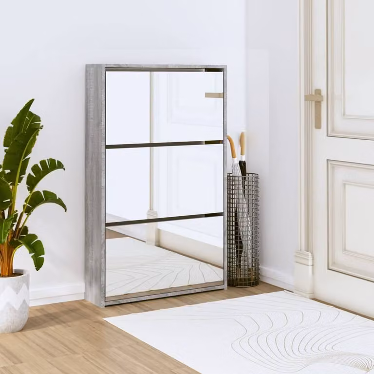 Berkfield Home 3-Layer Shoe Cabinet with Mirror in Grey Sonoma, W: 63 cm, D: 17 cm, H: 102.5 cm