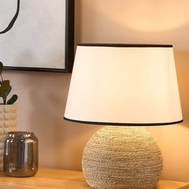 Wyld and Coco Braided Natural Rope Table Lamp with White Fabric Shade in Beige and Brown – 1