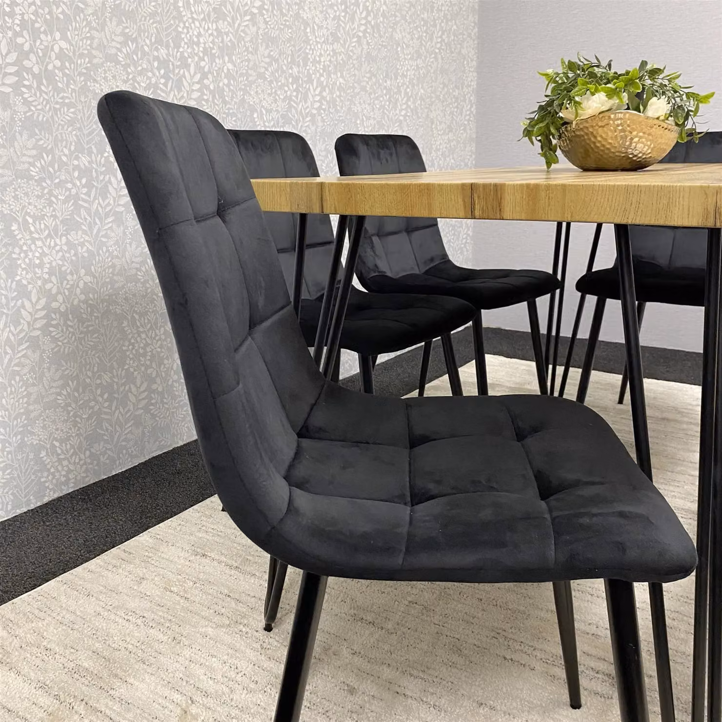 KOSY KOALA Modern Dining Set with Brown Wood Live Edge Table, 4 Black Velvet Chairs and Bench – 4
