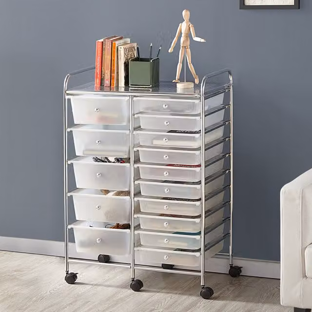 Yaheetech 15 Drawer Metal Frame Storage Cart with Castors, White