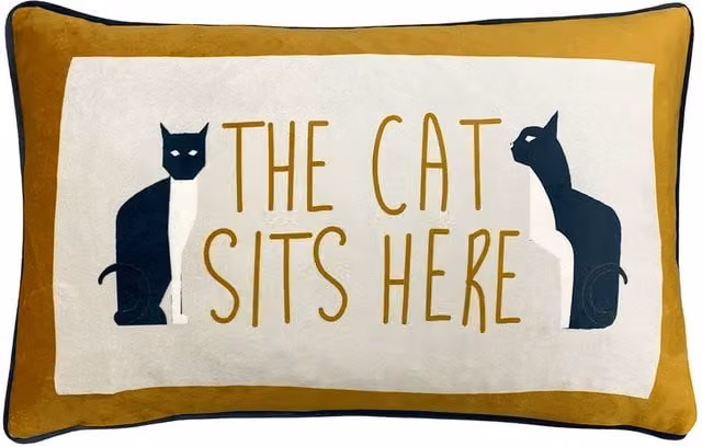 Furn Kitta Sits Here Slogan Piped Printed Velvet Cushion in Yellow, Blue and White, W: 50 cm, H: 30 cm, D: 30 cm