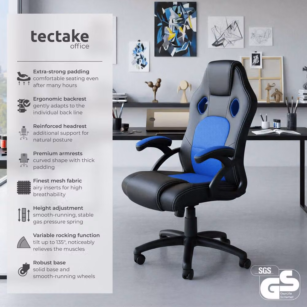 tectake Tyson Gaming Chair in Blue with Armrests and Castors – 2