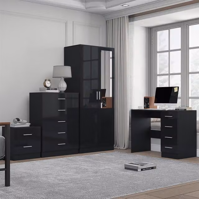 REFLECT Modern Furniture Bundle in Black Gloss and Matt Black including 2-Door Mirror, Chest, Bedside and Desk