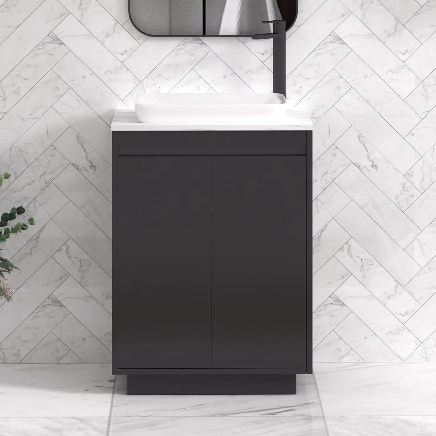 Royal Bathrooms Orion 600mm Matt Obsidian Black Floor Standing 2 Door Vanity Unit with Qubix Basin and Black Accent Trim