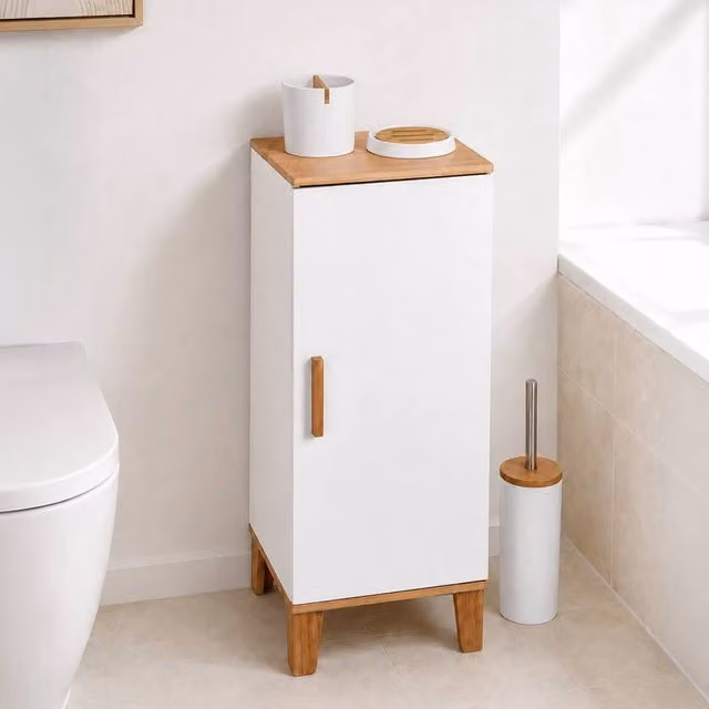 Showerdrape Amalfi Matt White and Bamboo Freestanding Bathroom Cabinet with 3 Piece Accessory Set