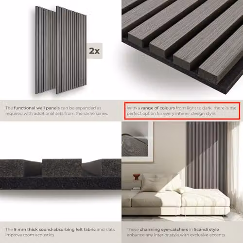 tectake Set of 2 Acoustic Wall Panels with Real Wood Veneer and MDF, Sound-Absorbing Wood Slats with Felt Fabric, Light Grey Oak, W: 120 cm, H: 60 cm, D: 2.1 cm – 4