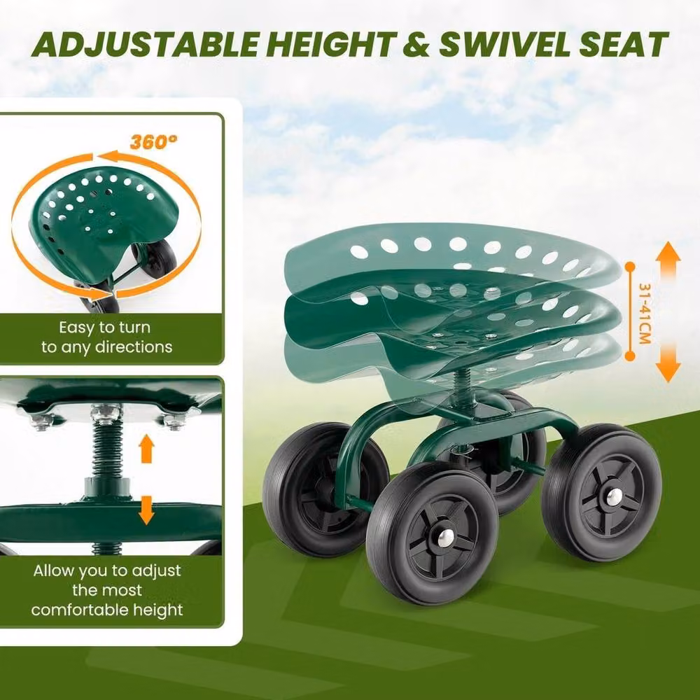 VOGREX Green Adjustable Rolling Garden Work Seat – 5