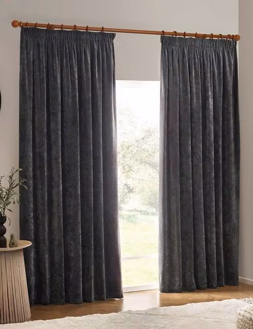 YARD Chenille Blackout Pencil Pleat Curtains in Dark Grey
