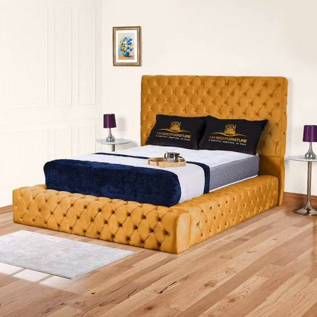 UK Bed Furniture Ambassador Ottoman Gas Lift Upholstered Velvet Bed in Yellow, Size: Double (140 x 200 cm)