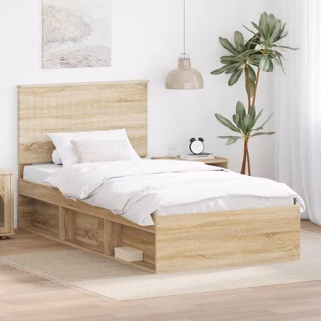 Berkfield Home Sonoma Bed Frame with Headboard in Brown Solid Pine Wood, W/D/H: 100 x 200 cm