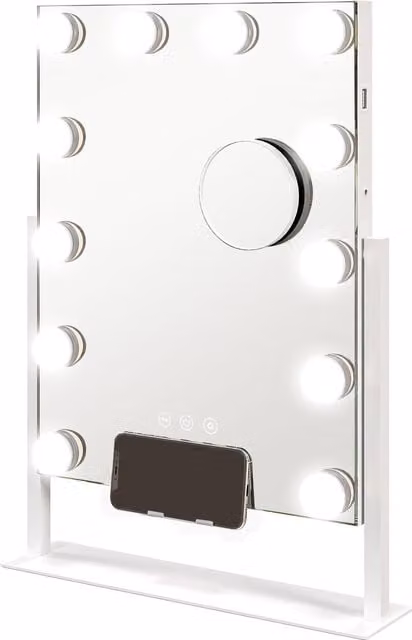 HOMCOM Hollywood Tabletop Vanity Mirror with 3-Colour LED Lights, 10X Magnifying Mirror and USB Charging Port, White, W: 37 cm, H: 46 cm