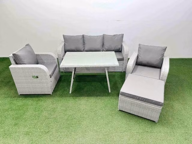 Fimous 3 Seater Reclining Garden Furniture Set in Light Grey with Ottoman and Coffee Table
