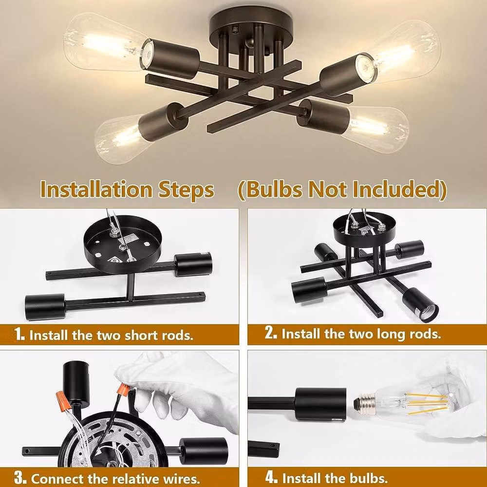 COMELY Industrial 4-Light Ceiling Light in Black with E27 Socket – 7