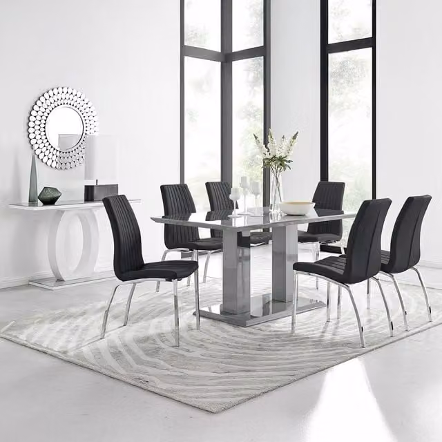 FurnitureboxUK Imperia Grey High Gloss Rectangular Glass Dining Table and 6 Black Chairs