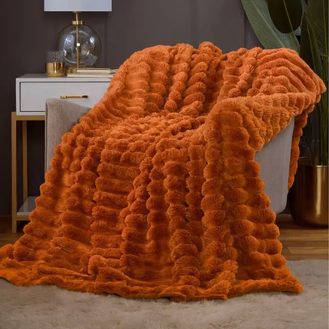 Rapport Home Striped Fleece Throw Blanket in Orange, W: 150 cm, L: 200 cm