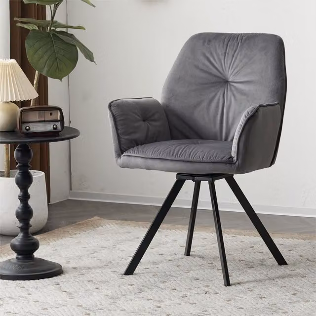 Home Touch Interiors Grey Velvet Swivel Accent Armchair with Wood and Metal Legs for Dining or Home Office Use