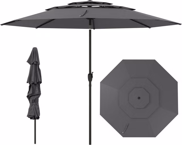 COSTWAY 3-tier Vented Market Patio Umbrella in Grey Polyester and Metal