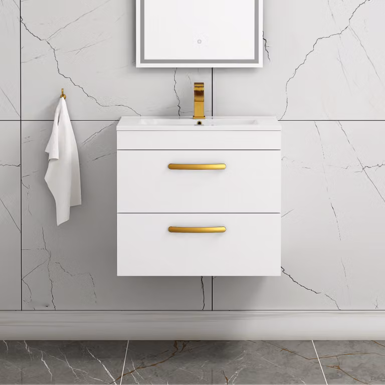 Royal Bathrooms Turin 600mm Wall Hung Gloss White Vanity Unit with 2 Drawers and Brushed Brass Handle