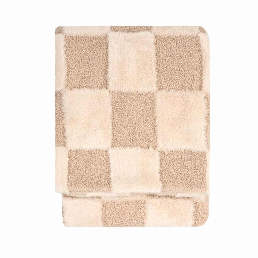 Furn Faux Fur Boucle Checked Throw in Beige, W: 140 cm, L: 180 cm – 2