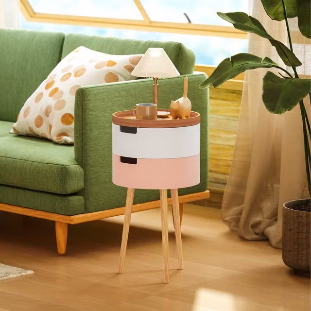 HOMCOM Round Side Table with Storage and Brown Wood Legs