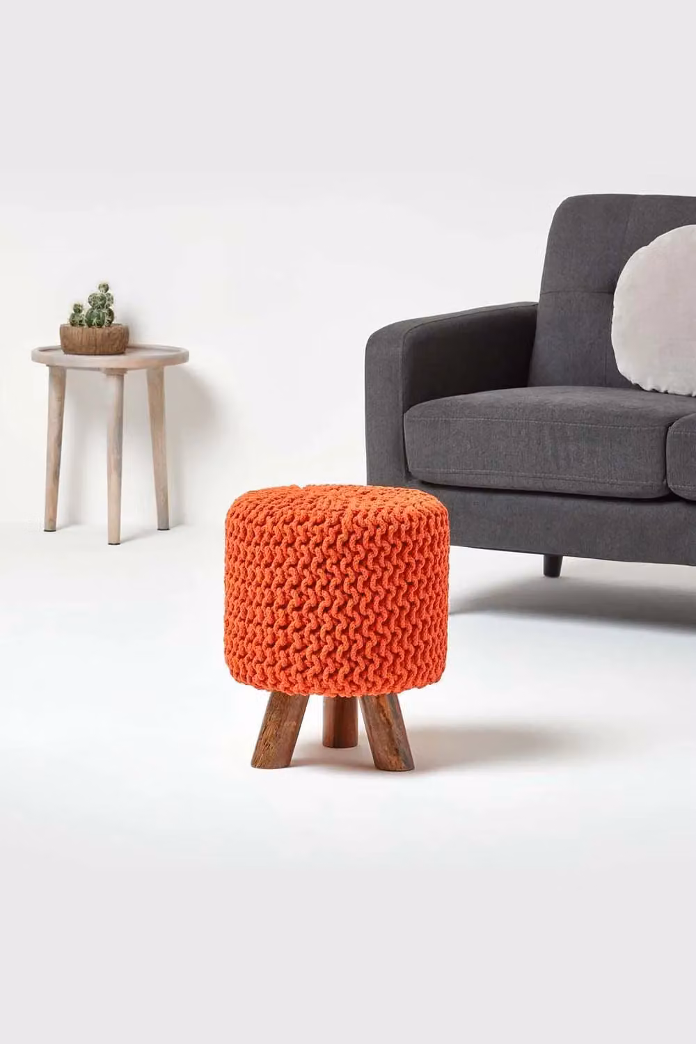 Homescapes Tall Cotton Knitted Footstool with Wood Frame in Orange – 2