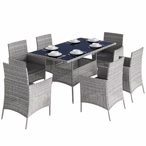 Outsunny 7-Piece Grey Polyrattan Garden Dining Set with Glass Top Table and 6 Chairs