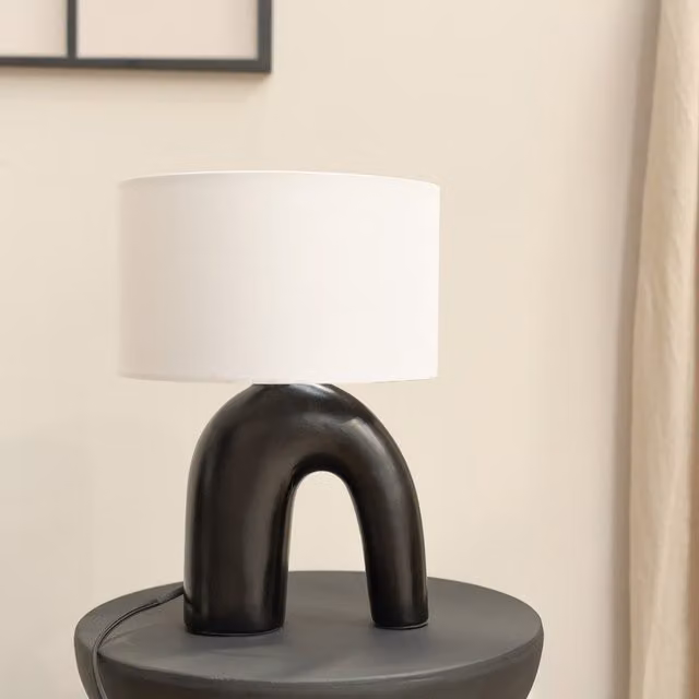 Lia Abstract Arch Ceramic Table Lamp with Fabric Drum Shade in White