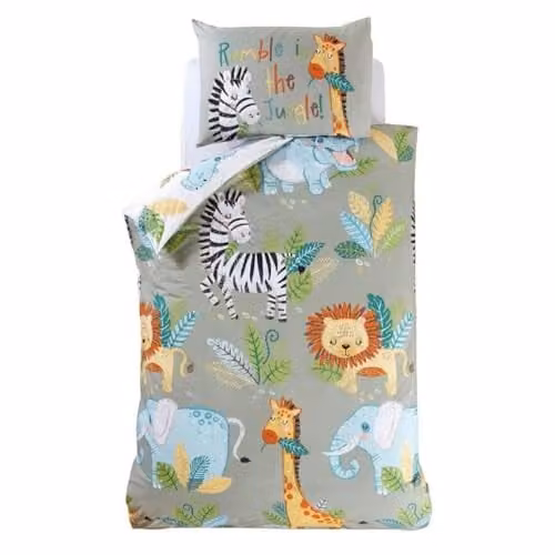 Rapport Home Rumble In The Jungle Reversible Duvet Cover and Pillowcase Set, Green Animal Print, W/D/H: 135 x 200 cm