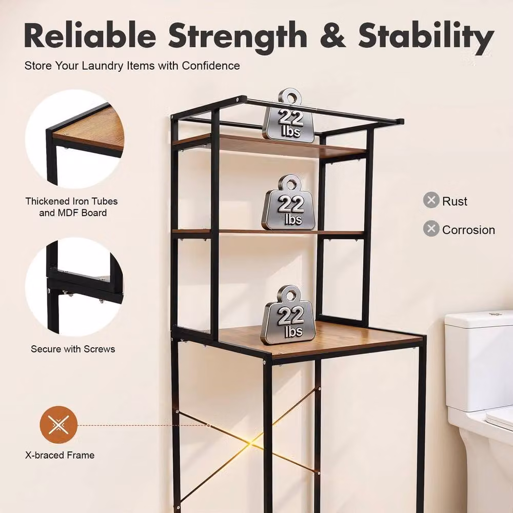 Kelvenix 3-Tier Washer and Dryer Storage Shelf and Clothes Drying Rack in Brown, H 176.5 x W 69.0 x D 60.0 cm – 2
