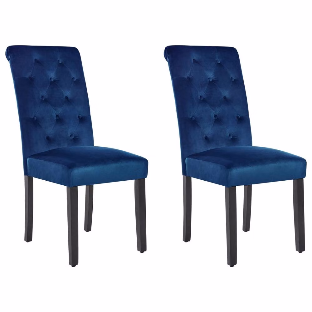 Wyld and Coco Set of 2 Blue Velvet Button Tufted Dining Chairs with Rubberwood Legs – 2