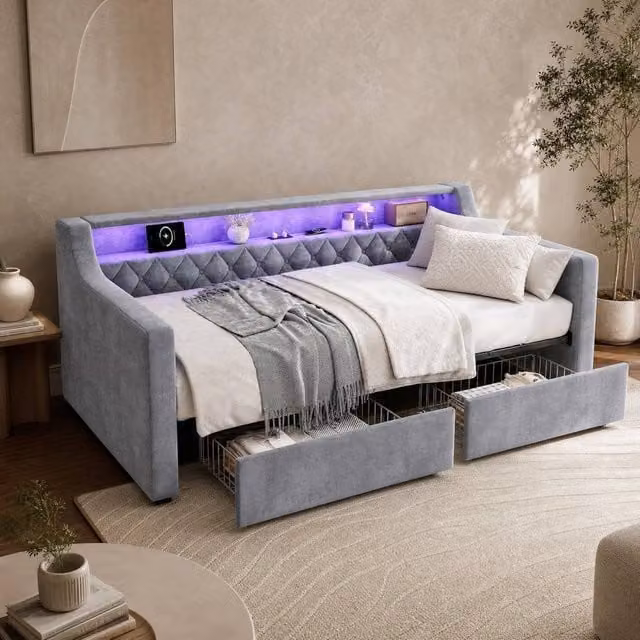 STILVORA Grey Velvet 3ft Single Bed Frame with USB Charging Port and Under-bed Lighting, W/D/H: 90 x 190 x 74 cm – 1