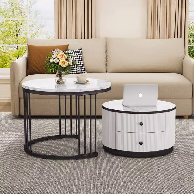 Matteo Modern Round Nesting Coffee Table Set with Marble Top and 2 Drawers in White and Black