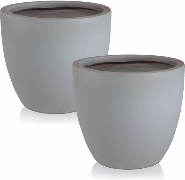 Set of 2 Idealist Grey Stone and Ceramic Round Outdoor Plant Pots and Garden Planters