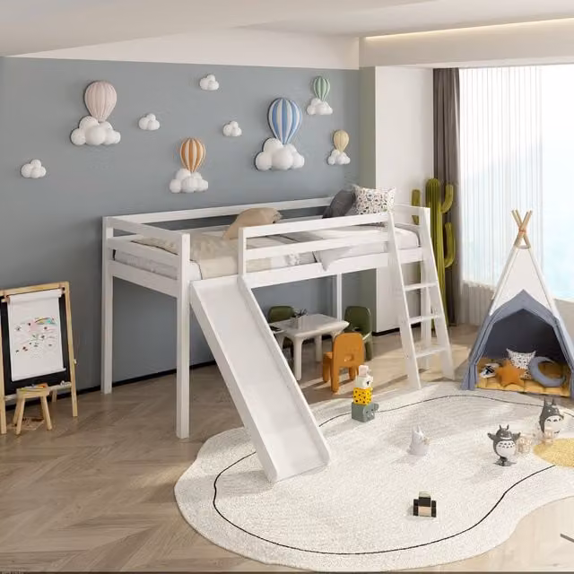 Kosy Koala White Pine Mid-Sleeper Childrens Bed with Slide, H: 201.0 x W: 110.0 x D: 198.0 cm