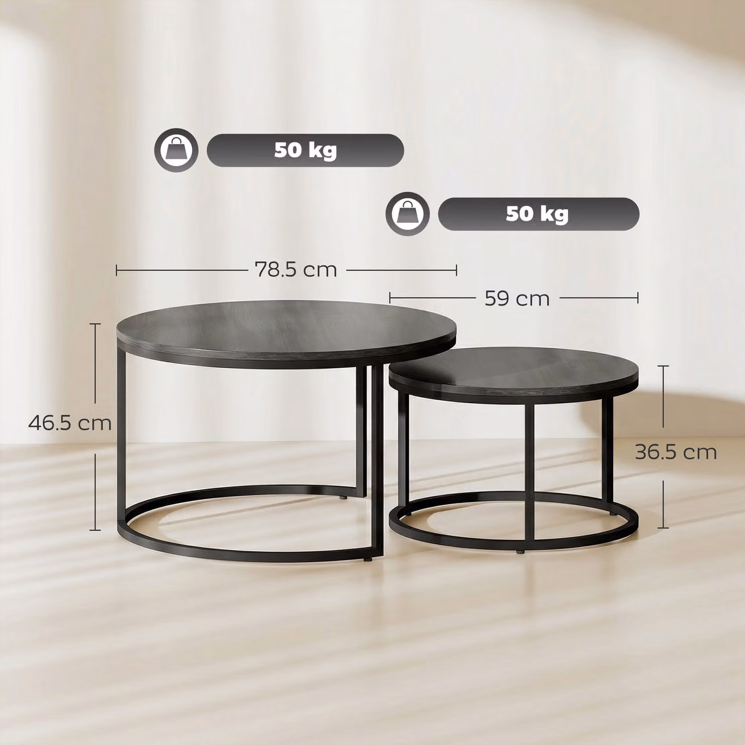 HOMCOM Set of Two Round Wood-Effect Stacking Tables in Black Wood Grain with Sled Base – 3