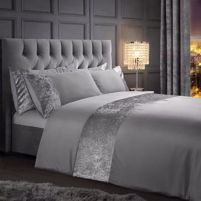 Velosso Silver Crushed Velvet Microfibre Duvet Cover and Pillowcase Set