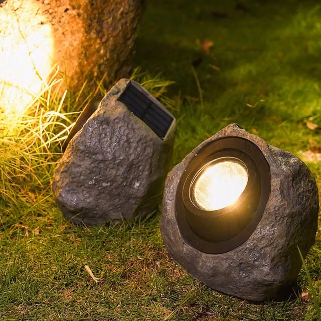 Leaper Solar Powered LED Outdoor Decorative Lights in Grey Simulated Stone for Garden and Patio
