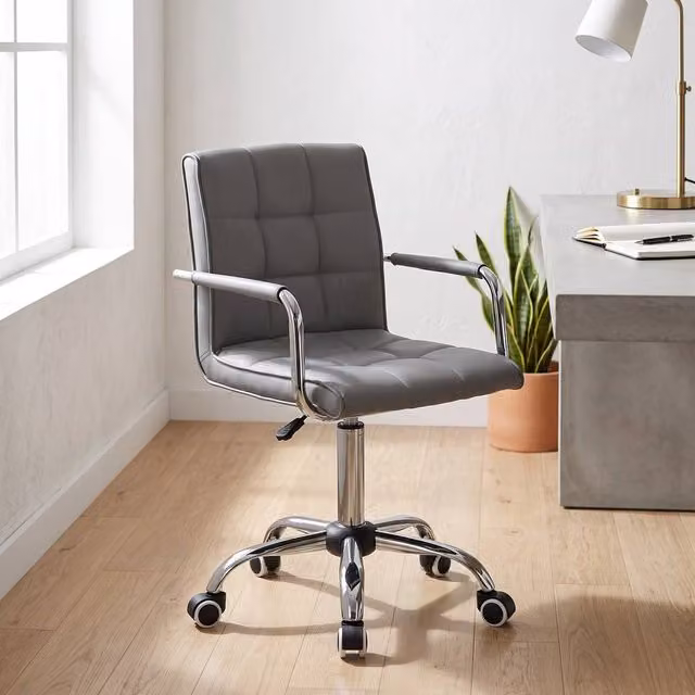 ERGOVEXA Grey Synthetic Leather Makeup Vanity Chair with Armrests and Castors, W/D/H: 52.5 x 54.0 x 120.0 cm