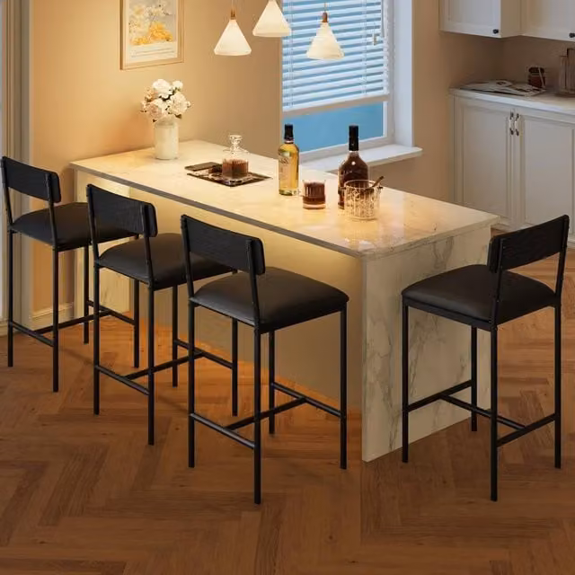 London Boutique Set of 4 Black Upholstered Counter Height Kitchen Bar Stools with Footrests