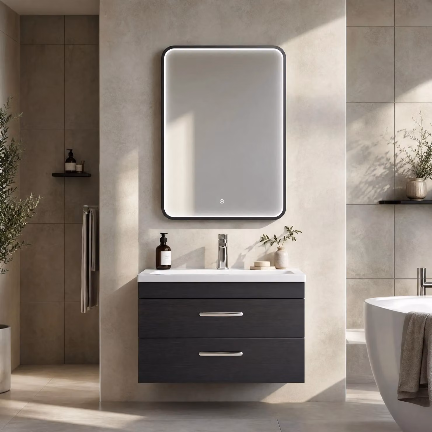 Balterley Rectangular Inset Framed LED Bathroom Mirror with Demister Pad and Touch Sensor, Black, W: 50 cm, H: 70 cm – 4
