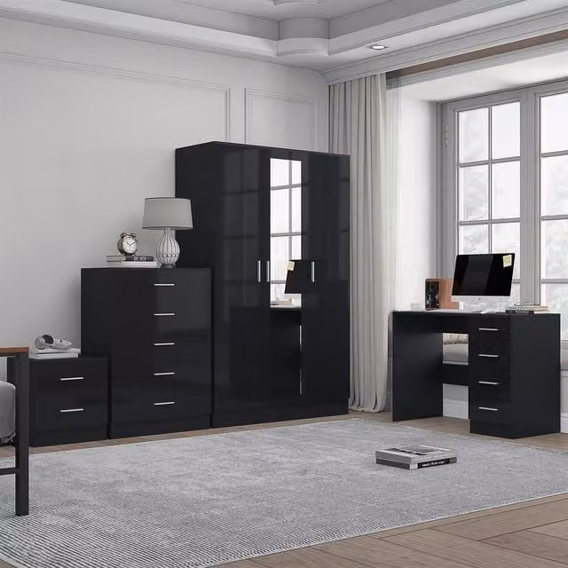 REFLECT Modern Bedroom Furniture Bundle in Black Gloss and Matt Black featuring 3-Door Mirror Wardrobe, Chest of Drawers, Bedside Table and Desk