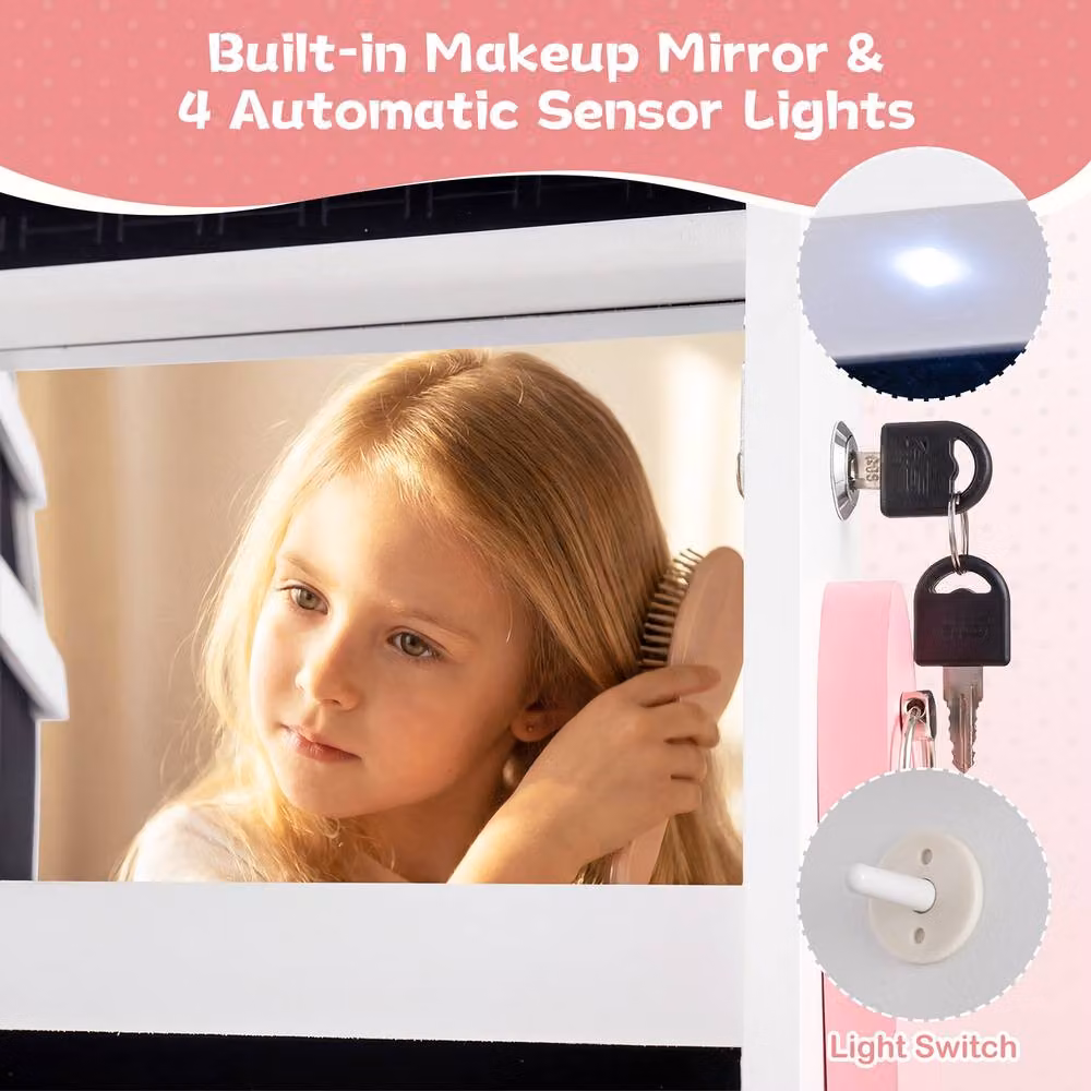 Costway Kids Jewelry Cabinet with LED Lighting and Full-Length Mirror in White – 6